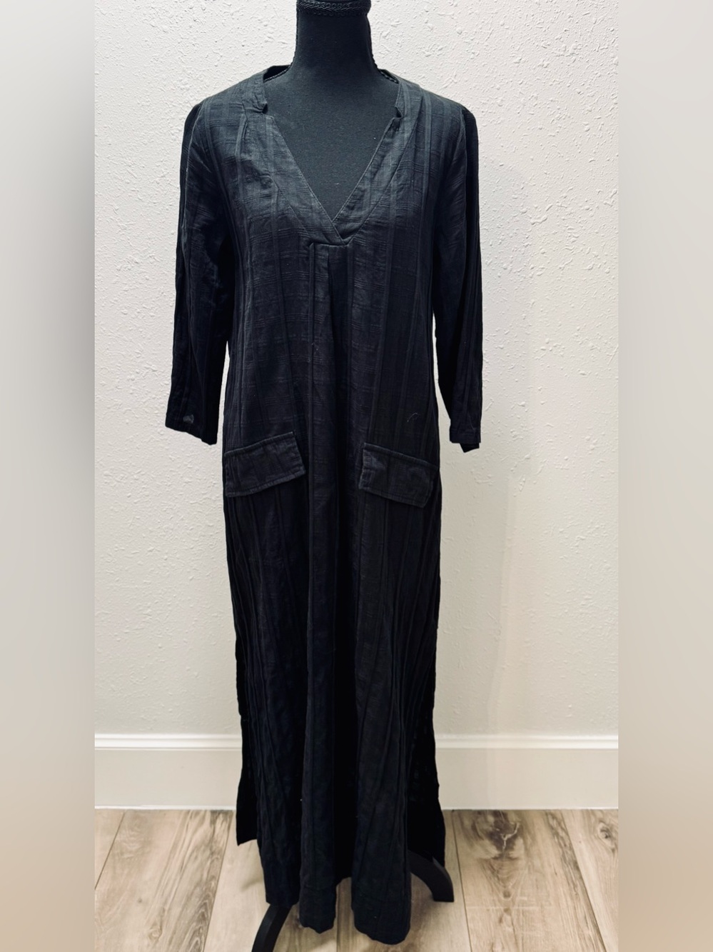 Pomander Place Black V-Neck Maxi Swim Cover Up Dress with Front Faux Pockets